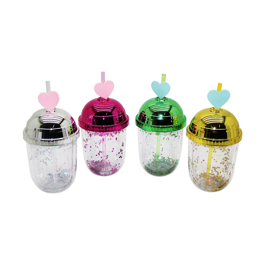 RENKLİ KAPAKLI ÇİFT CİDARLI - SİMLİ - PİPETLİ TOMBUL PLASTİK BARDAK