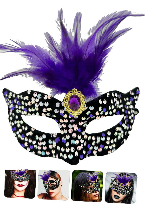 Siyah Kadife Üzeri Rengarenk Payetli Pullu Mor Tüylü Mor Taşlı Parti Maskesi 19x21 cm