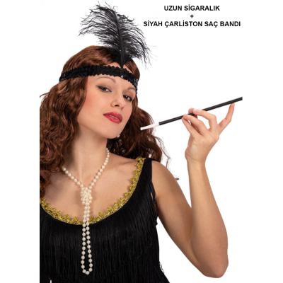 1920'ler Gatsby Aksesuar Seti – Siyah Charleston Saç Bandı &amp; Sigaralık