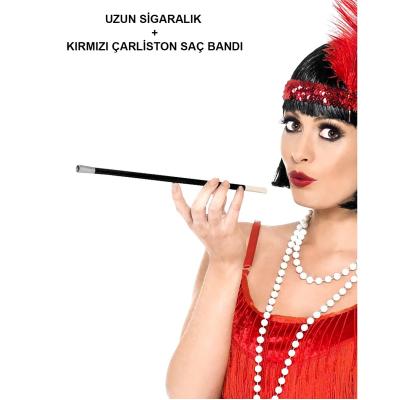 1920'ler 1990'lar Gatsby Kadın Aksesuar Seti – Kırmızı Charleston Saç Bandı ve Sigaralık