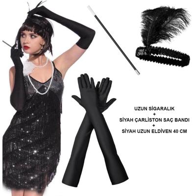 1920'ler Gatsby Aksesuar Seti – Siyah Charleston Saç Bandı, Uzun Eldiven &amp;amp; Sigaralık