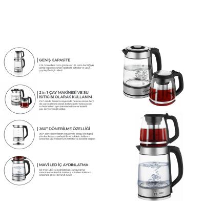 2İN1= ÇAYCI - KETTLE ÇELİK ELEKTRİKLİ ÇAY MAKİNESİ 2LT + 1,2LT ÇAY SÜZGEÇLİ 360° DÖNEBİLİR STM-5990