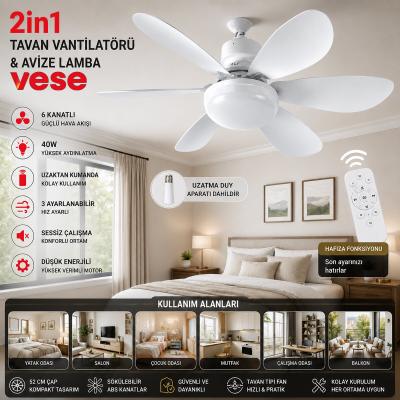 2İN1=TAVAN VANTİLATÖR - AVİZE LAMBA 40W KUMANDALI 6KNAT VNT-005