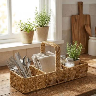 3 Bölmeli Plastik Rattan Düzenleyici?Saplı Masaüstü Organizer, Mutfak Kaşık Çatal Sepeti, Banyo &amp; Ofis Çok Amaçlı Sunum Standı
