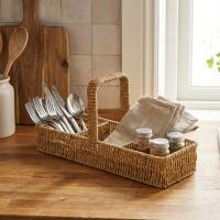 3 Bölmeli Plastik Rattan Düzenleyici–Saplı Masaüstü Organizer, Mutfak Kaşık Çatal Sepeti, Banyo &amp; Ofis Çok Amaçlı Sunum Standı