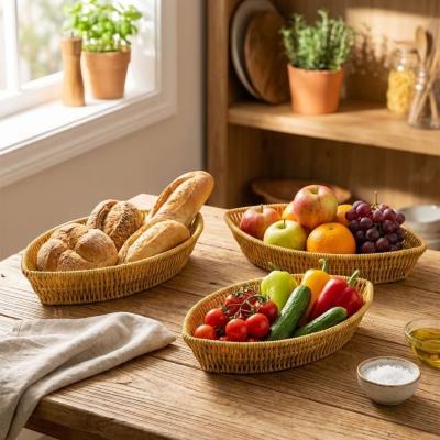 3’lü Kayık Formlu Plastik Rattan Sepet Seti–Hasır Görünümlü Ekmek, Meyve ve Sunum Sepetleri, Çok Amaçlı Masaüstü Organizer