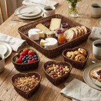 5 Parça,4 Kalp Formlu Plastik Rattan Sunum ve Kahvaltı Seti-Bölmeli Çerezlik ve Meyvelik-Doğal Hasır Görünümlü Tepsi ve Sunum Tabakları