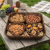 5 Parça,4 Kalp Formlu Plastik Rattan Sunum ve Kahvaltı Seti-Bölmeli Çerezlik ve Meyvelik-Doğal Hasır Görünümlü Tepsi ve Sunum Tabakları