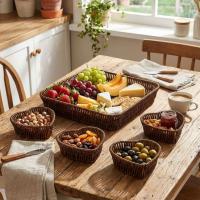 5 Parça,4 Kalp Formlu Plastik Rattan Sunum ve Kahvaltı Seti-Bölmeli Çerezlik ve Meyvelik-Doğal Hasır Görünümlü Tepsi ve Sunum Tabakları