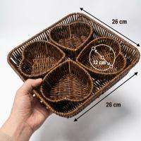 5 Parça,4 Kalp Formlu Plastik Rattan Sunum ve Kahvaltı Seti-Bölmeli Çerezlik ve Meyvelik-Doğal Hasır Görünümlü Tepsi ve Sunum Tabakları