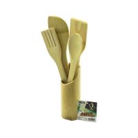 5PCS AHŞAP BAMBU MUTFAK SETİ STAND - KAŞIK - ÇATAL - 2 SPATULA FİLELİ