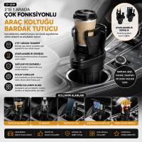 ARAÇ İÇİ ÇOK FONKSİYONLU BARDAK TUTUCU - 2 BÖLMELİ 360° DÖNEBİLEN - GENİŞLEYEBİLİR ÜST HAZNE - STAND CWS-003