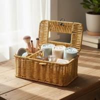 Bölmeli Kapaklı Doğal Rattan Görünümlü Hasır Makyaj, Takı ve Havlu Düzenleyici – Peçetelikli Çok Amaçlı Masaüstü Organizer Sepet