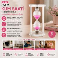 BÜYÜK CAM KUM SAATİ CAM STANDLI= ÇAP: 7.5CM-YÜKSEKLİK: 15CM
