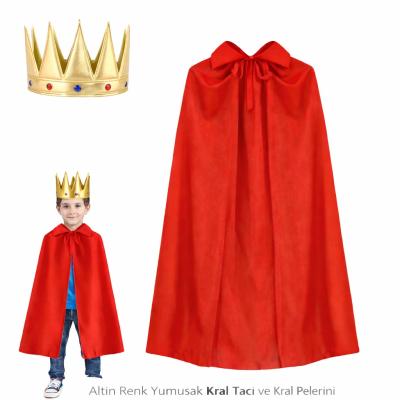 Çocuk Boy Kral Pelerini 90 cm ve Yumuşak Eva Kral Tacı Altın Renk