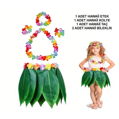 Çocuk Hawaii Kostüm Seti - Yaprak Etek &amp;amp; Hawaii Set - 5 Parça