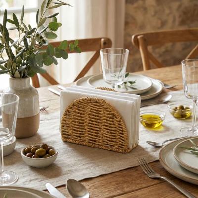 Dekoratif Plastik Rattan Yarım Yuvarlak Peçetelik?Doğal Hasır Dokulu Masaüstü Peçete Standı