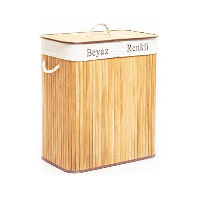DİKDÖRTGEN İKİ BÖLMELİ İÇ BEZ BAMBU AHŞAP KİRLİ ÇAMAŞIR SEPETİ İP KULP 52X32X62CM