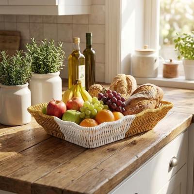 Dikdörtgen Çift Renkli Plastik Rattan Ekmek ve Meyve Sepeti - Çok Amaçlı Banyo ve Mutfak Düzenleyici - Yıkanabilir Tezgâh Üstü Organizer