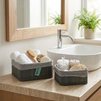 GRİ 2 BOY KARE BAMBU KENAR ORGANİZER SEPET AHŞAP ALTLIK - BEZLİ 18X21CM