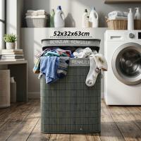 GRİ DİKDÖRTGEN 2 BÖLMELİ 52X32CM Y:63CM BAMBU AHŞAP KİRLİ ÇAMAŞIR SEPETİ KUMAŞ ÇANTALI İP KULP
