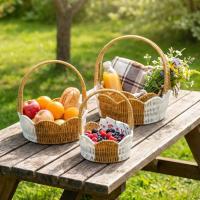 İç İçe Geçebilen 3’lü Çift Renkli Yuvarlak Dalgalı Formlu Saplı Plastik Rattan Sepet Seti – Hasır Görünümlü Çok Amaçlı Organizerler