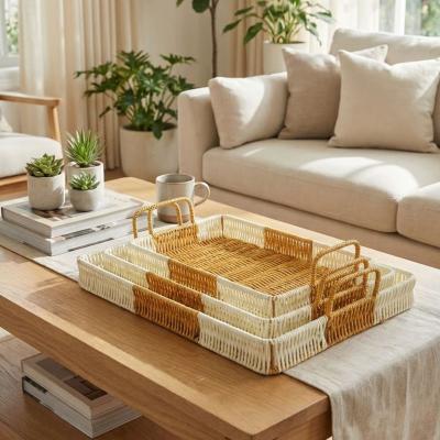 İç İçe Geçebilen 3?lü Dikdörtgen Plastik Rattan Tepsi Seti?Çift Renkli Hasır Görünümlü Çok Amaçlı Servis ve Sunum Tepsileri