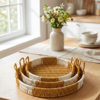 İç İçe Geçebilen 3?lü Yuvarlak Plastik Rattan Tepsi Seti?Çift Renkli Hasır Görünümlü Çok Amaçlı Servis ve Sunum Tepsileri