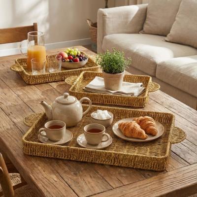 İç İçe Geçebilen 3?lü Dikdörtgen Plastik Rattan Tepsi Seti?Hasır Görünümlü Çok Amaçlı Servis ve Sunum Tepsileri