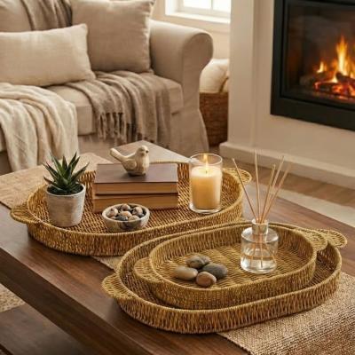 İç İçe Geçebilen 3?lü Oval Plastik Rattan Tepsi Seti?Hasır Görünümlü Çok Amaçlı Servis ve Sunum Tepsileri