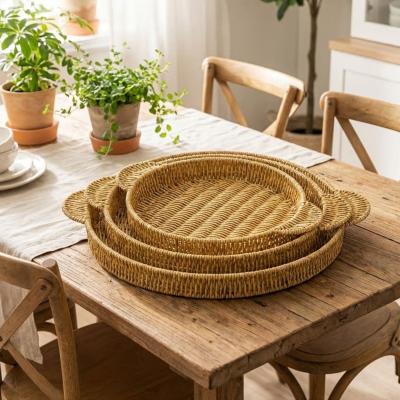 İç İçe Geçebilen 3?lü Yuvarlak Plastik Rattan Tepsi Seti?Hasır Görünümlü Çok Amaçlı Servis ve Sunum Tepsileri