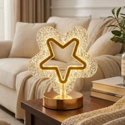 İçi Boş Yıldız Şeklinde Kristal LED Masa Lambası – Dokunmatik, 3 Renk Işık Modlu, Şarjlı Mini Dekoratif Gece Lambası