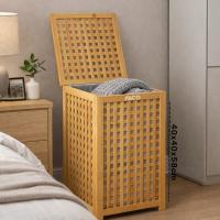KALIN AHŞAP BAMBU KİRLİ ÇAMAŞIR SEPETİ KUMAŞ ÇANTALI SEPET=40X40X58CM