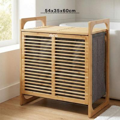 KALIN AHŞAP BAMBU 2 BÖLMELİ KİRLİ ÇAMAŞIR SEPETİ KUMAŞ ÇANTALI SEPET=54X35X60CM