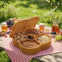 Kapaklı 5 Bölmeli Plastik Rattan Organizer Kutu – Hasır Desenli Çok Amaçlı Saklama ve Sunum Sepeti Çerezlik