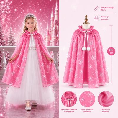 Kar Tanesi Desenli Pembe Elsa Pelerini - Astarlı Frozen Pelerini 85 cm