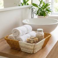 Kare Çift Renkli Plastik Rattan Ekmek ve Meyve Sepeti - Çok Amaçlı Banyo ve Mutfak Düzenleyici - Yıkanabilir Tezgâh Üstü Organizer
