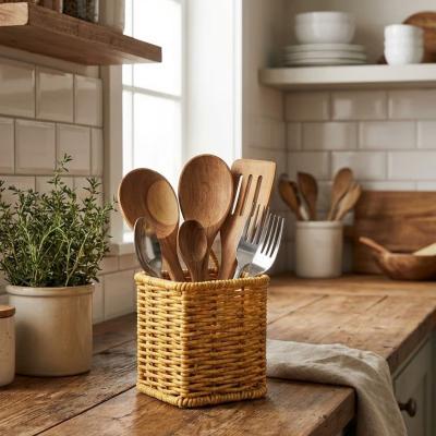 Kare Hasır Dokulu Plastik Rattan Kaşıklık &amp; Çatallık – Askılı Kendiliğinden Tutmalı Çok Amaçlı Mutfak Organizeri