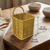 Kare Hasır Dokulu Plastik Rattan Kaşıklık &amp; Çatallık – Askılı Kendiliğinden Tutmalı Çok Amaçlı Mutfak Organizeri