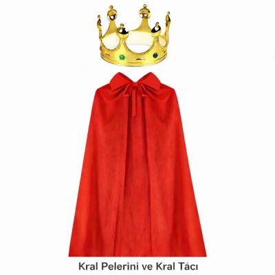 Kral Kostüm Pelerini ve Altın Renk Kral Tacı Çocuk Boy 90 cm