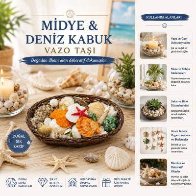 OVAL AHŞAP SEPET RENKLİ MİX MİDYE - DENİZ KABUK VAZO TAŞI