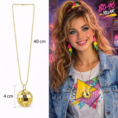 Retro Disko Topu Şekilli 80'ler 90'lar Altın Renk Plastik Kolye