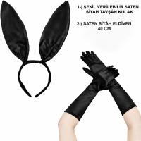 Siyah Parlak Tavşan Kulak ve 40 cm Parlak Siyah Eldiven Kostüm Seti
