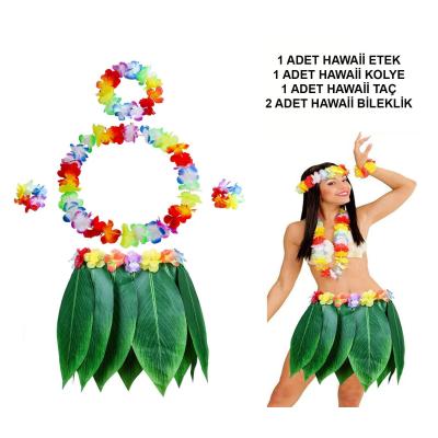 Yetişkin Hawaii Kostüm Seti - Yaprak Etek &amp;amp; Hawaii Set - 5 Parça
