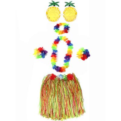 Yetişkin ve Çocuk Uyumlu Luau Aloha Hawaii Rengarenk 40 cm Etek Ananas Şekilli Gözlük Hawaii Kolye Renkli Taç ve 2 Adet Bileklik Seti