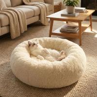 Yuvarlak Ultra Yumuşak Welsoft Peluş Kedi ve Köpek Yatağı – Kaymaz Taban Tüylü Pet Pufu,Uyku Minderi (krem)