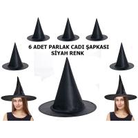Halloween Siyah Renk Parlak Dralon Cadı Şapkası Yetişkin ve Çocuk Uyumlu 6 Adet