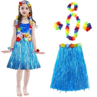 Yetişkin ve Çocuk Uyumlu Hawaii Luau Aloha Mavi Püsküllü Etek Kolye Taç ve 2 Adet Bileklik Seti