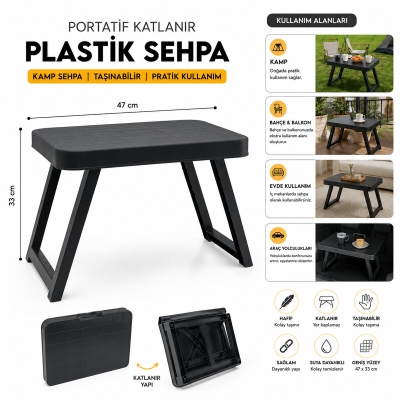 10 ADET KÜÇÜK= 47X33CM KAMP - PİKNİK MASASI SİYAH PLASTİK KATLANABİLİR AYAKLI=38CM