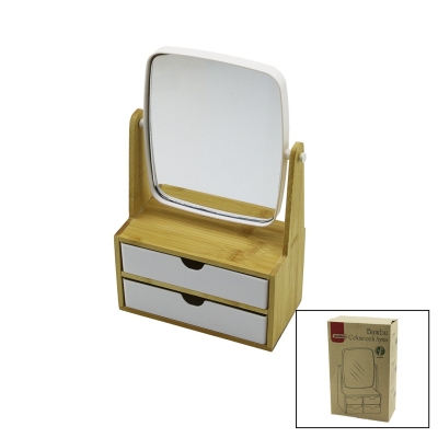 2 ÇEKMECELİ BAMBU AHŞAP STANDLI=9X9.9X17.8X21.5CM MAKYAJ AYNASI=15X18CM TAKILIK 1+1 ORGANİZER